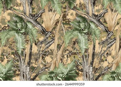 Um padrão perfeito de camuflagem com samambaias verdes e ramos de árvores marrons, criando uma experiência de floresta imersiva em seu tecido