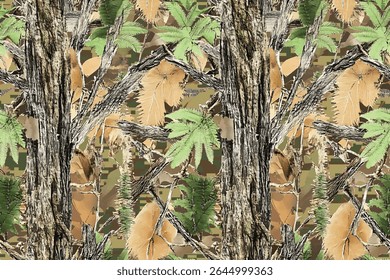Um padrão perfeito de camuflagem com samambaias verdes e ramos de árvores marrons, criando uma experiência de floresta imersiva em seu tecido