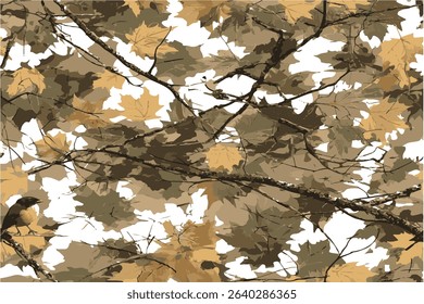 A seamless pattern of camouflage with maple leaves and branches. Army hunting camouflage background. Forest real tree camouflage design. Winter hunting camouflage.
