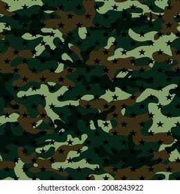 Seamless pattern. Camouflage. Military clothing print with stars. Vector illustration