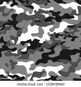 Textura militar de camuflaje sin problemas.Fondo militar.Imprimir en tela en papel.Manchas grises en fondo blanco.Vector