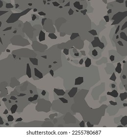 El camuflaje sin foco es moderno. Resumen camo de manchas grises. Impresión sobre tejidos y textiles. Vector.