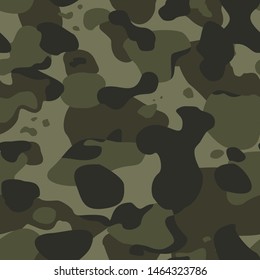 
Seamless pattern camouflage modern. Dark green and brown spots on a green background. Military texture. Print on fabric onto paper. Vector