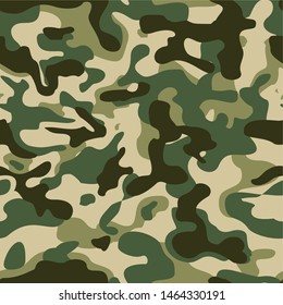 
Seamless pattern camouflage modern. Dark green and brown spots on a beige background. Military texture. Print onto fabric onto paper. Hunting fishing. Vector