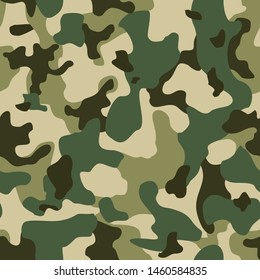 
Seamless pattern camouflage modern military texture. Background of green and brown spots on a beige background. Print on fabric for paper. Vector