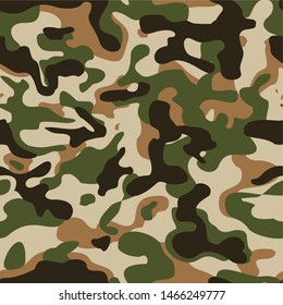 
Seamless pattern camouflage modern. Military. Dark, brown and green spots on a beige background. Insulated elements. Hunting, fishing. Uniform. Print fabric on textile paper. Vector
