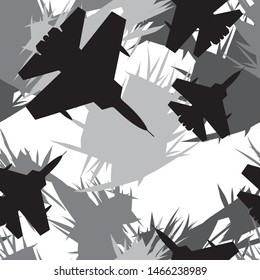 
Seamless pattern camouflage modern. Planes. Military. Gray and dark spots on a white background. Isolated elements. Print on fabric on paper for textiles. Vector