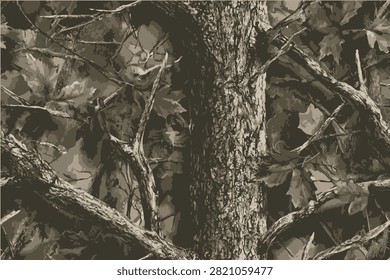 A seamless pattern of camouflage with oak leaves, showcasing the beauty and intricacy of nature.Forest real tree hunting camouflage seamless pattern design for military and hunting uniform.
