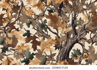 Seamless pattern of camouflage with an oak tree design, Real Tree Camouflage pattern for military and outdoor activities