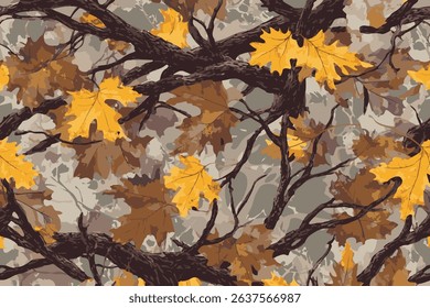 Seamless pattern of camouflage with an oak tree design, Real Tree Camouflage pattern for military and outdoor activities