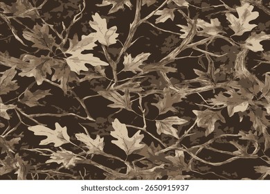 A seamless pattern of camouflage with oak tree branches and leaves, featuring an earth-toned color palette. Real Tree Camouflage pattern for military and outdoor activities. Seamless Pattern