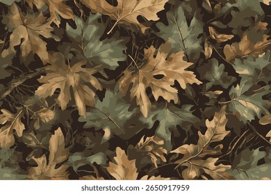 A seamless pattern of camouflage, realistic and detailed foliage, with green and brown leaves, in an autumn forest setting. Real Tree Camouflage pattern for military and outdoor activities.