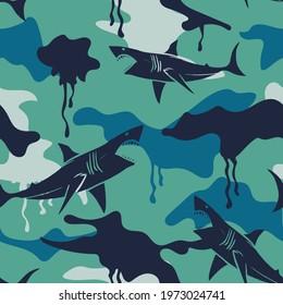 Seamless pattern of a camouflage and sharks background elements 