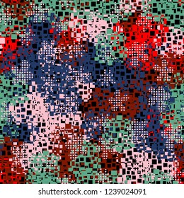 Seamless pattern in camouflage style. The colors of the spring landscape. Checkered blots.