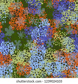 Seamless pattern in camouflage style. The colors of the spring landscape. Checkered blots.