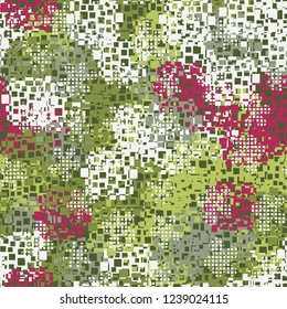 Seamless pattern in camouflage style. The colors of the spring landscape. Checkered blots.
