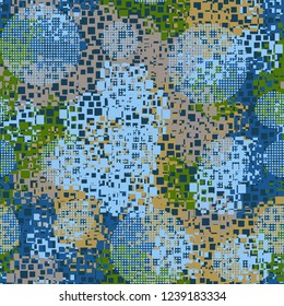 Seamless pattern in camouflage style. The colors of the spring landscape. Checkered circles.