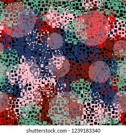 Seamless pattern in camouflage style. The colors of the spring landscape. Checkered circles.