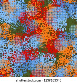 Seamless pattern in camouflage style. The colors of the spring landscape. Checkered circles.