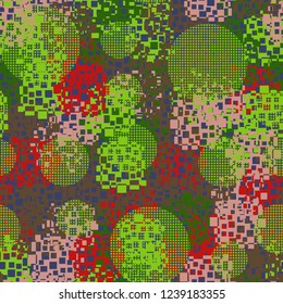 Seamless pattern in camouflage style. The colors of the spring landscape. Checkered circles.
