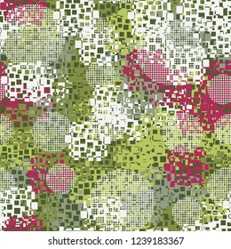 Seamless pattern in camouflage style. The colors of the spring landscape. Checkered circles.