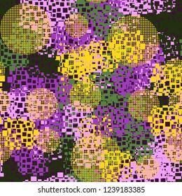 Seamless pattern in camouflage style. The colors of the spring landscape. Checkered circles.