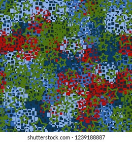 Seamless pattern in camouflage style. The colors of the spring landscape. A scattering of five-pointed stars.
