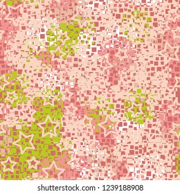 Seamless pattern in camouflage style. The colors of the spring landscape. A scattering of five-pointed stars.
