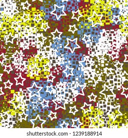 Seamless pattern in camouflage style. The colors of the spring landscape. A scattering of five-pointed stars.