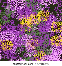Seamless pattern in camouflage style. The colors of the spring landscape. A scattering of five-pointed stars.