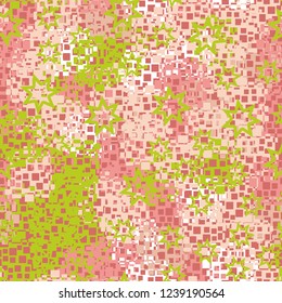 Seamless pattern in camouflage style. The colors of the spring landscape. A scattering of seven-pointed stars.