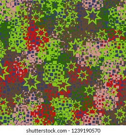 Seamless pattern in camouflage style. The colors of the spring landscape. A scattering of seven-pointed stars.