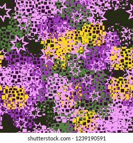 Seamless pattern in camouflage style. The colors of the spring landscape. A scattering of seven-pointed stars.