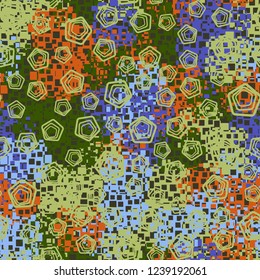 Seamless pattern in camouflage style. The colors of the spring landscape. A scattering of pentagons.