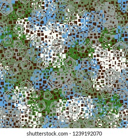 Seamless pattern in camouflage style. The colors of the spring landscape. A scattering of pentagons.