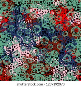 Seamless pattern in camouflage style. The colors of the spring landscape. A scattering of pentagons.