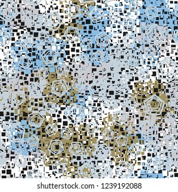 Seamless pattern in camouflage style. The colors of the spring landscape. A scattering of pentagons.