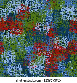 Seamless pattern in camouflage style. The colors of the spring landscape. Rows of quadrangles.