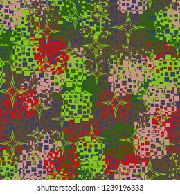 Seamless pattern in camouflage style. The colors of the spring landscape. A scattering of four-pointed stars.