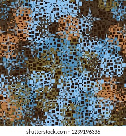 Seamless pattern in camouflage style. The colors of the spring landscape. A scattering of four-pointed stars.