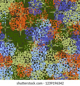 Seamless pattern in camouflage style. The colors of the spring landscape. A scattering of four-pointed stars.