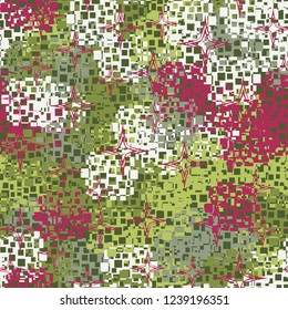 Seamless pattern in camouflage style. The colors of the spring landscape. A scattering of four-pointed stars.