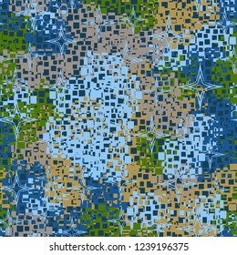 Seamless pattern in camouflage style. The colors of the spring landscape. A scattering of four-pointed stars.