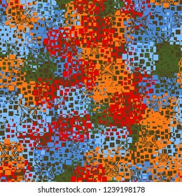 Seamless pattern in camouflage style. The colors of the spring landscape. A scattering of four-pointed scratched stars.