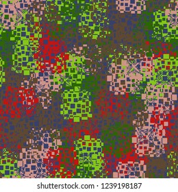 Seamless pattern in camouflage style. The colors of the spring landscape. A scattering of four-pointed scratched stars.