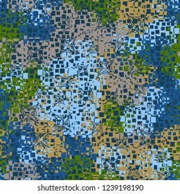 Seamless pattern in camouflage style. The colors of the spring landscape. A scattering of four-pointed scratched stars.