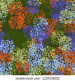 Seamless pattern in camouflage style. The colors of the spring landscape. A scattering of four-pointed scratched stars.