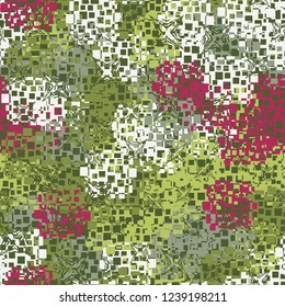 Seamless pattern in camouflage style. The colors of the spring landscape. A scattering of four-pointed scratched stars.