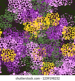 Seamless pattern in camouflage style. The colors of the spring landscape. A scattering of four-pointed scratched stars.