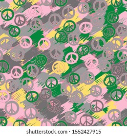 Seamless pattern in camouflage style. Green, gray, pink, yellow. The symbol of pacifism.
